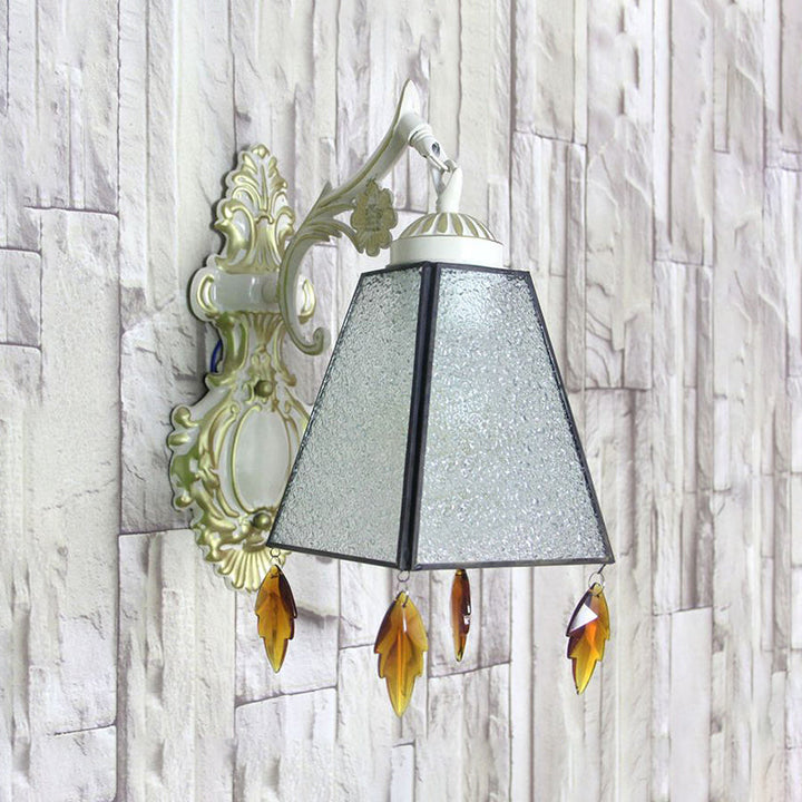 Lisslune | Geometric Wall Lamp Tiffany Style Stained Glass 1 Light Wall Lamp Fixture with Leaf Pendant in Amber/Green/Clear
