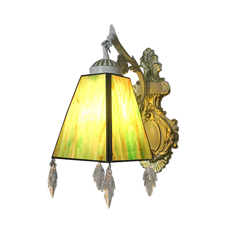 Lisslune | Geometric Wall Lamp Tiffany Style Stained Glass 1 Light Wall Lamp Fixture with Leaf Pendant in Amber/Green/Clear