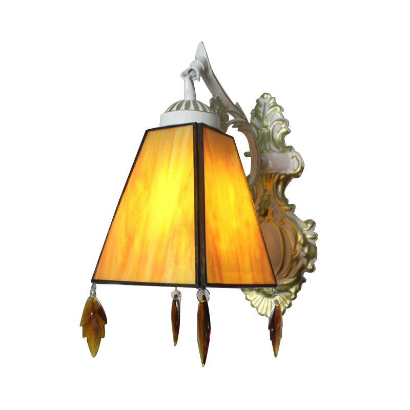 Lisslune | Geometric Wall Lamp Tiffany Style Stained Glass 1 Light Wall Lamp Fixture with Leaf Pendant in Amber/Green/Clear