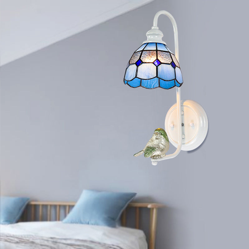 Lisslune | 1 Head Bedroom Wall Light Mediterranean Blue-White/Beige/Blue-Clear Wall Lamp with Cone/Dome Stained Glass Shade