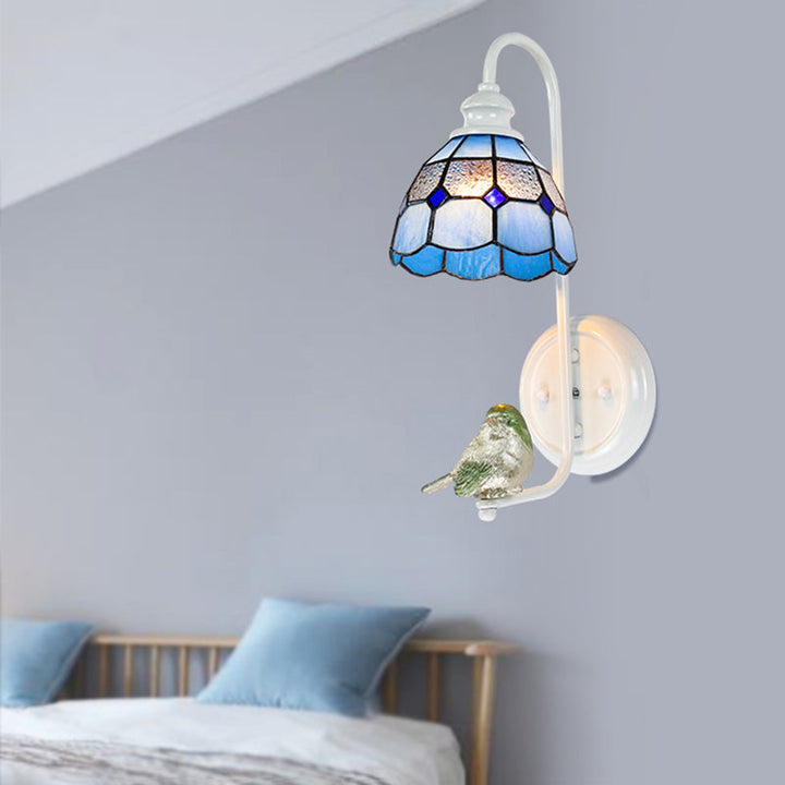 Lisslune | 1 Head Bedroom Wall Light Mediterranean Blue-White/Beige/Blue-Clear Wall Lamp with Cone/Dome Stained Glass Shade