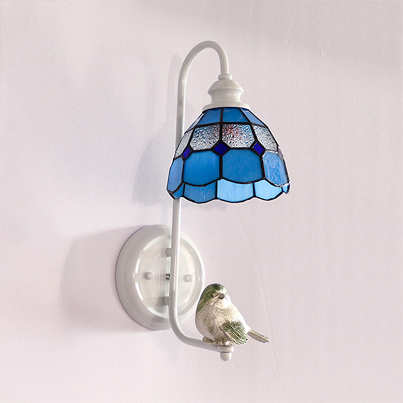 Lisslune | 1 Head Bedroom Wall Light Mediterranean Blue-White/Beige/Blue-Clear Wall Lamp with Cone/Dome Stained Glass Shade