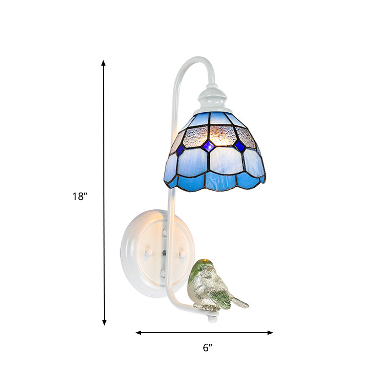 Lisslune | 1 Head Bedroom Wall Light Mediterranean Blue-White/Beige/Blue-Clear Wall Lamp with Cone/Dome Stained Glass Shade