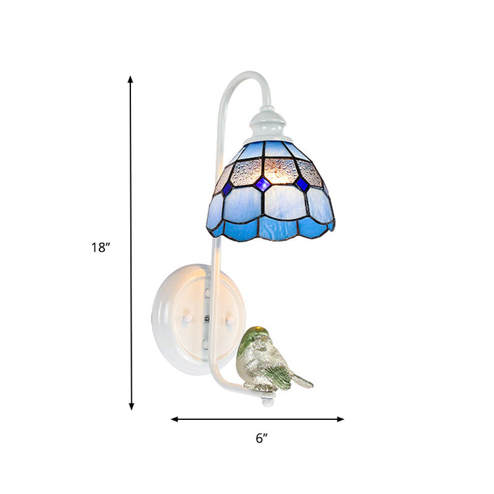 Lisslune | 1 Head Bedroom Wall Light Mediterranean Blue-White/Beige/Blue-Clear Wall Lamp with Cone/Dome Stained Glass Shade