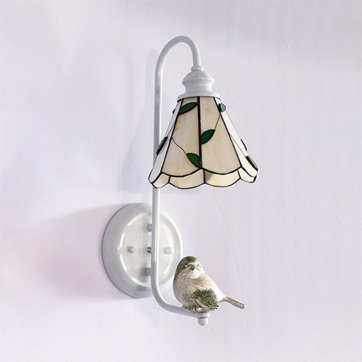 Lisslune | 1 Head Bedroom Wall Light Mediterranean Blue-White/Beige/Blue-Clear Wall Lamp with Cone/Dome Stained Glass Shade