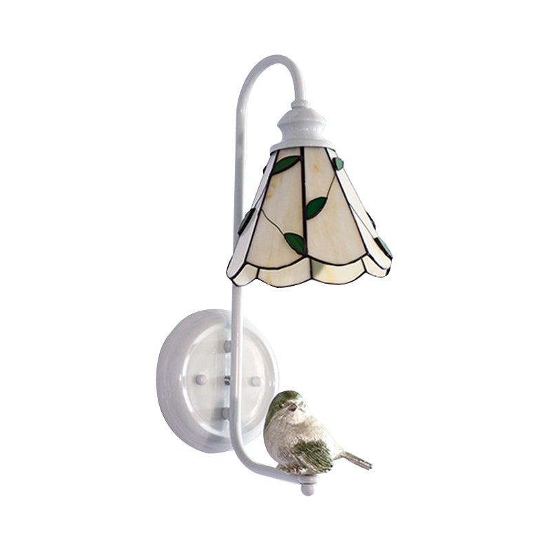 Lisslune | 1 Head Bedroom Wall Light Mediterranean Blue-White/Beige/Blue-Clear Wall Lamp with Cone/Dome Stained Glass Shade
