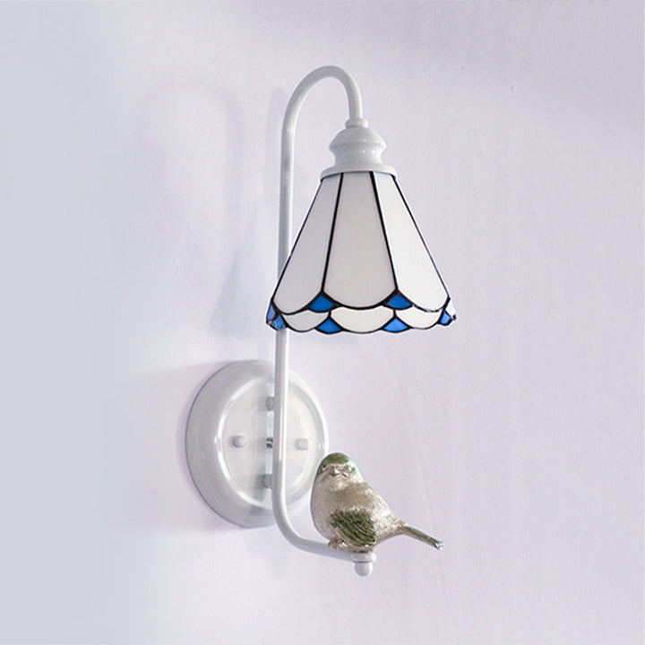Lisslune | 1 Head Bedroom Wall Light Mediterranean Blue-White/Beige/Blue-Clear Wall Lamp with Cone/Dome Stained Glass Shade