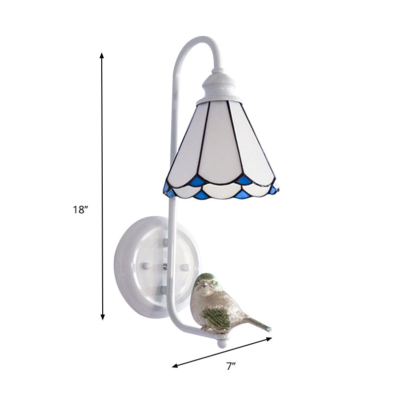 Lisslune | 1 Head Bedroom Wall Light Mediterranean Blue-White/Beige/Blue-Clear Wall Lamp with Cone/Dome Stained Glass Shade