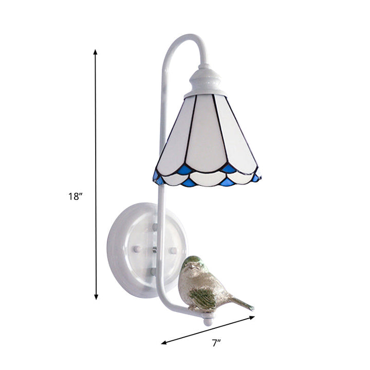 Lisslune | 1 Head Bedroom Wall Light Mediterranean Blue-White/Beige/Blue-Clear Wall Lamp with Cone/Dome Stained Glass Shade