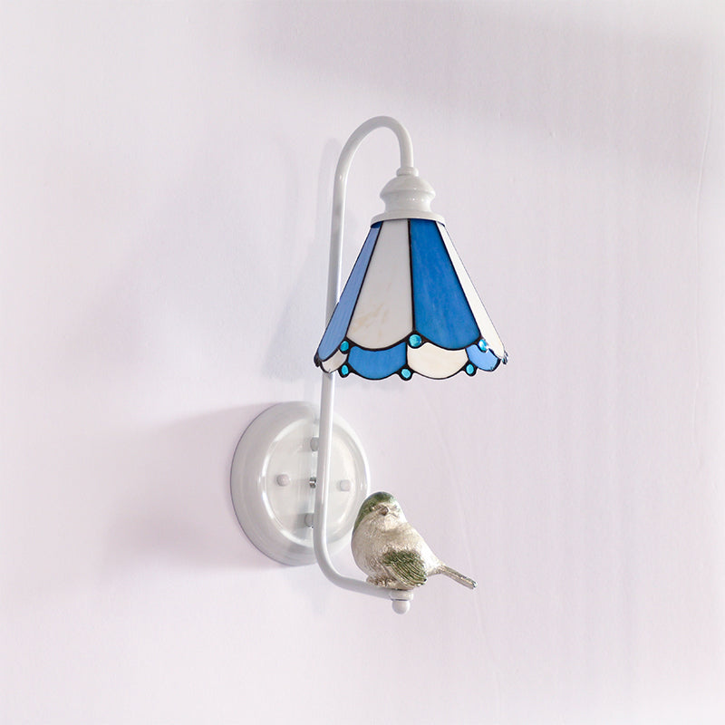 Lisslune | 1 Head Bedroom Wall Light Mediterranean Blue-White/Beige/Blue-Clear Wall Lamp with Cone/Dome Stained Glass Shade