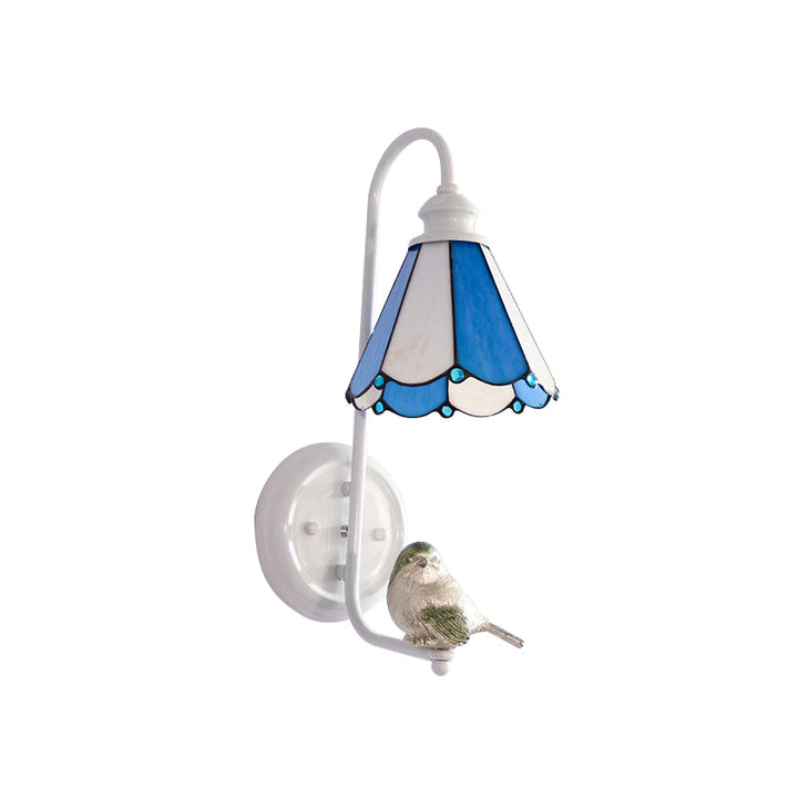Lisslune | 1 Head Bedroom Wall Light Mediterranean Blue-White/Beige/Blue-Clear Wall Lamp with Cone/Dome Stained Glass Shade