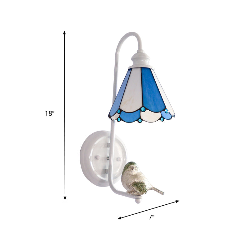 Lisslune | 1 Head Bedroom Wall Light Mediterranean Blue-White/Beige/Blue-Clear Wall Lamp with Cone/Dome Stained Glass Shade