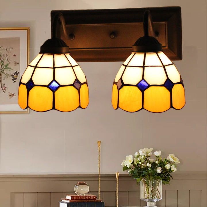 Lisslune | Grid Pattern Amber Glass Wall Light Baroque 2 Heads Black Wall Lighting Fixtures