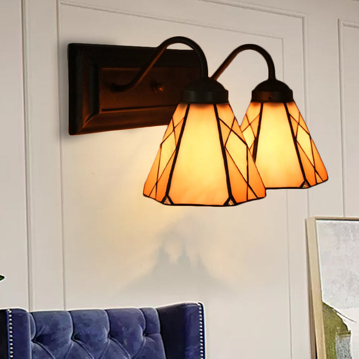 Lisslune | Cone Beige Glass Wall Light Tiffany 2 Heads Black Wall Mounted Light for Living Room