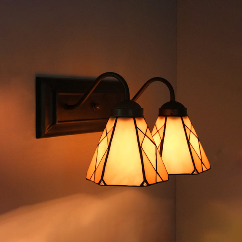 Lisslune | Cone Beige Glass Wall Light Tiffany 2 Heads Black Wall Mounted Light for Living Room