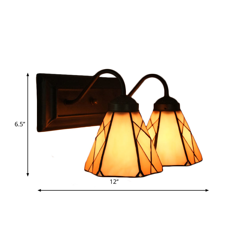 Lisslune | Cone Beige Glass Wall Light Tiffany 2 Heads Black Wall Mounted Light for Living Room