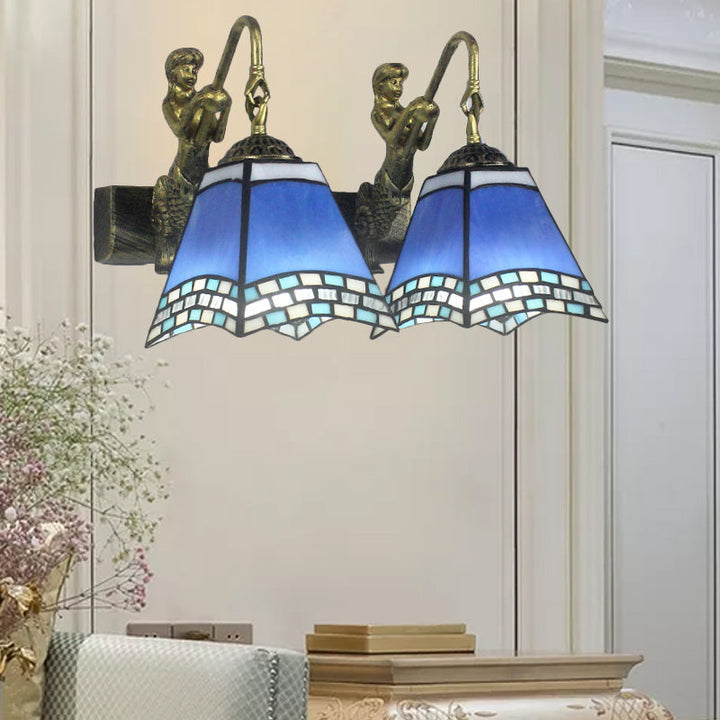 Lisslune | 2 Heads Pyramid Wall Light Mediterranean Blue Glass Wall Lamp for Bedroom
