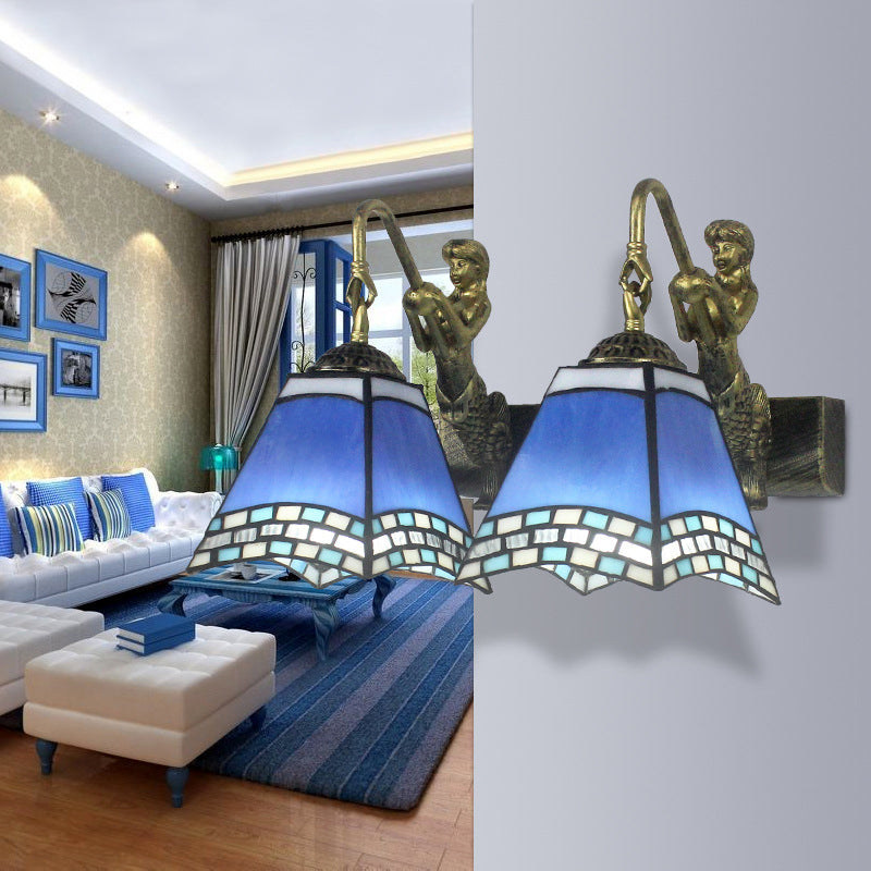 Lisslune | 2 Heads Pyramid Wall Light Mediterranean Blue Glass Wall Lamp for Bedroom