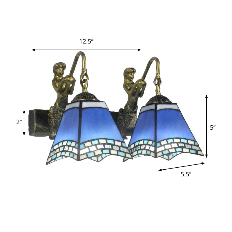 Lisslune | 2 Heads Pyramid Wall Light Mediterranean Blue Glass Wall Lamp for Bedroom