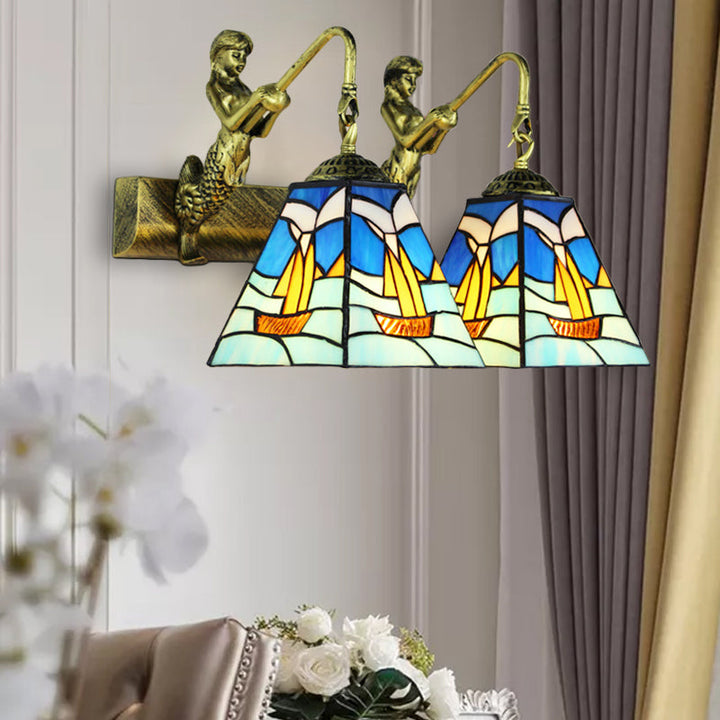 Lisslune | Blue Glass Sailboat Wall Light Mediterranean 2 Heads Antique Brass Wall Mounted Lighting