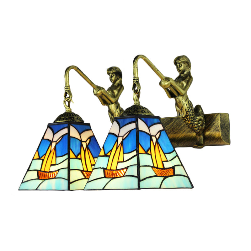 Lisslune | Blue Glass Sailboat Wall Light Mediterranean 2 Heads Antique Brass Wall Mounted Lighting