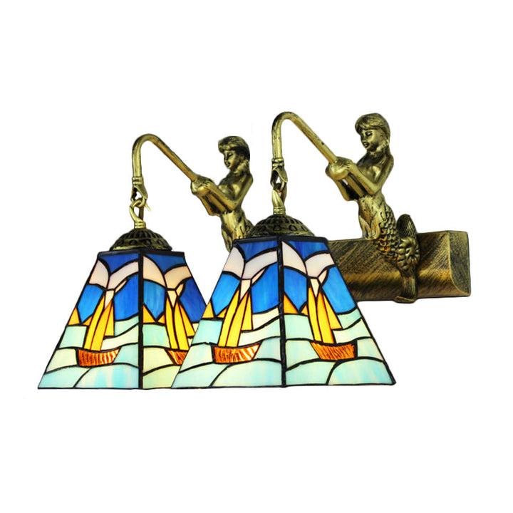 Lisslune | Blue Glass Sailboat Wall Light Mediterranean 2 Heads Antique Brass Wall Mounted Lighting