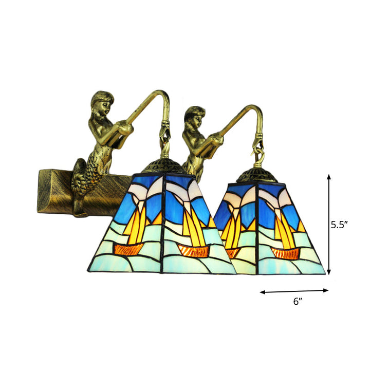 Lisslune | Blue Glass Sailboat Wall Light Mediterranean 2 Heads Antique Brass Wall Mounted Lighting