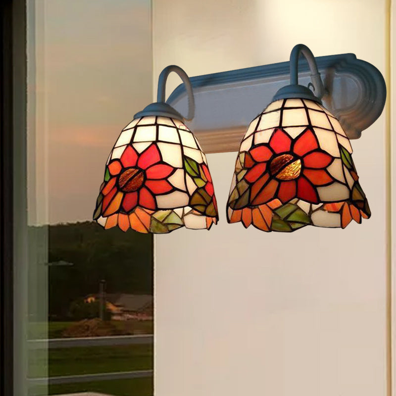 Lisslune | Stained Glass Orange Wall Lamp Fixture Sunflower 2 Heads Victorian Wall Lamp