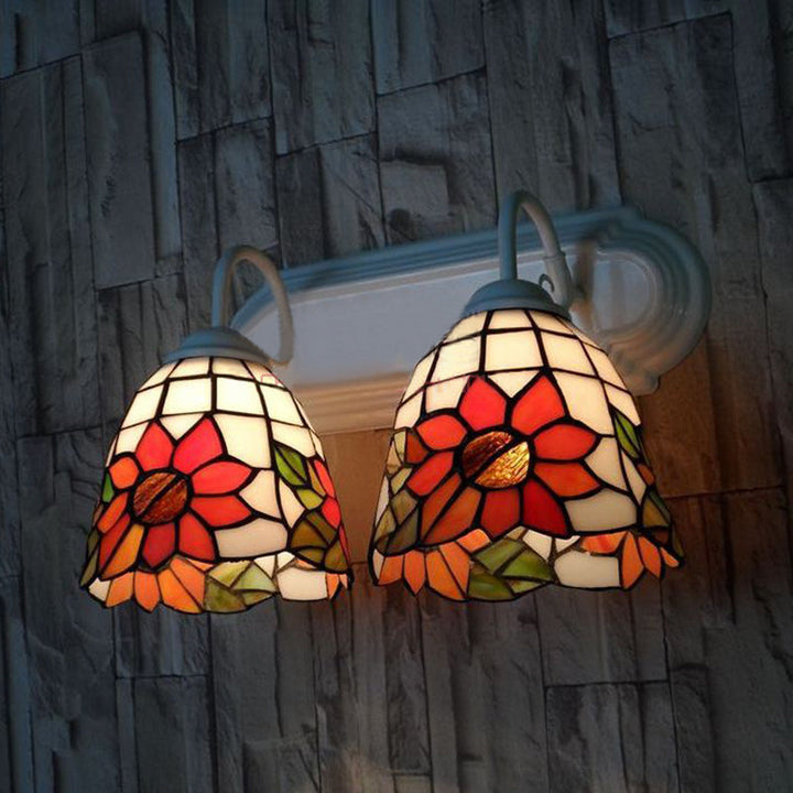 Lisslune | Stained Glass Orange Wall Lamp Fixture Sunflower 2 Heads Victorian Wall Lamp