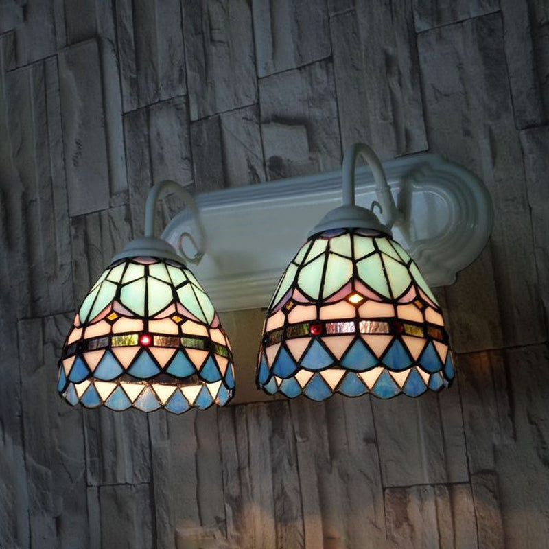 Lisslune | Stained Glass Bowl Wall Lamp Baroque Style 2 Heads Wall Lighting in White Finish for Bedroom