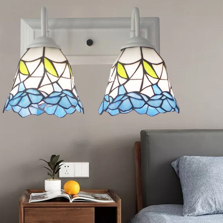Lisslune | 2 Heads Flared Wall Lighting Tiffany Blue Stained Glass Wall Lamp for Bedroom