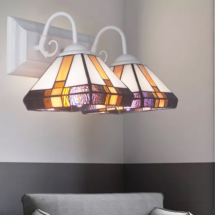 Lisslune | 2 Lights Pyramid Wall Lamp Yellow Glass Mission Style Wall Fixture Light in Bronze for Bedroom
