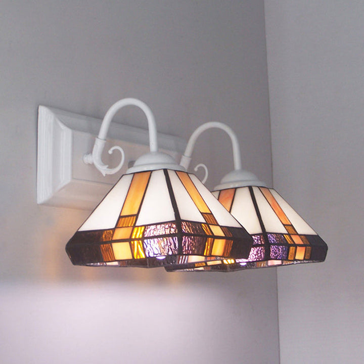 Lisslune | 2 Lights Pyramid Wall Lamp Yellow Glass Mission Style Wall Fixture Light in Bronze for Bedroom