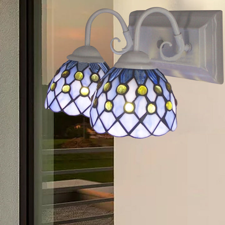 Lisslune | Global wall lamp with beads Tiffany style 2 lights stained glass wall lamp in sky blue/blue for bedroom