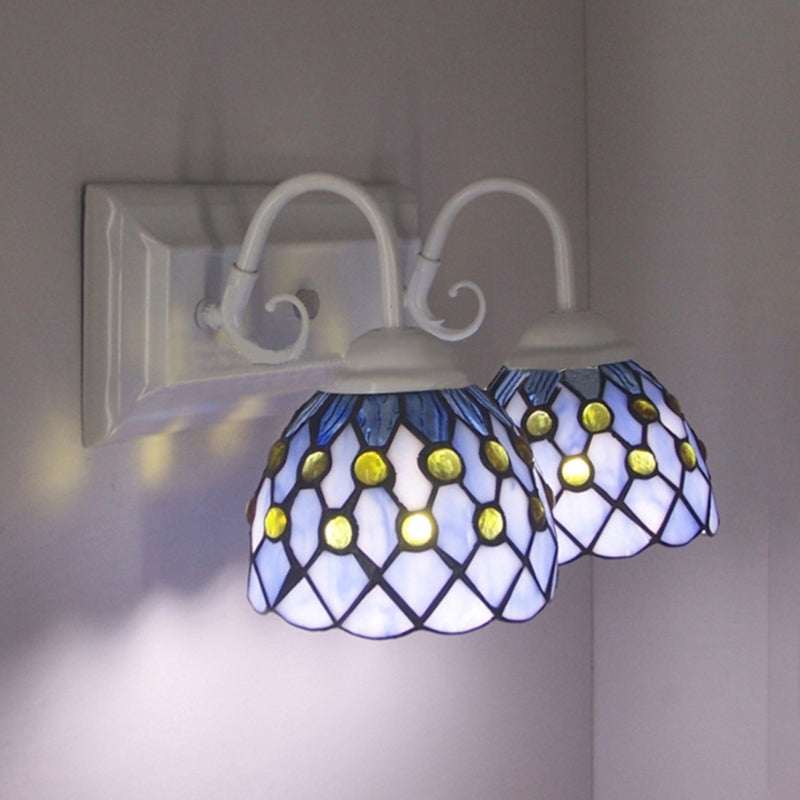 Lisslune | Global wall lamp with beads Tiffany style 2 lights stained glass wall lamp in sky blue/blue for bedroom