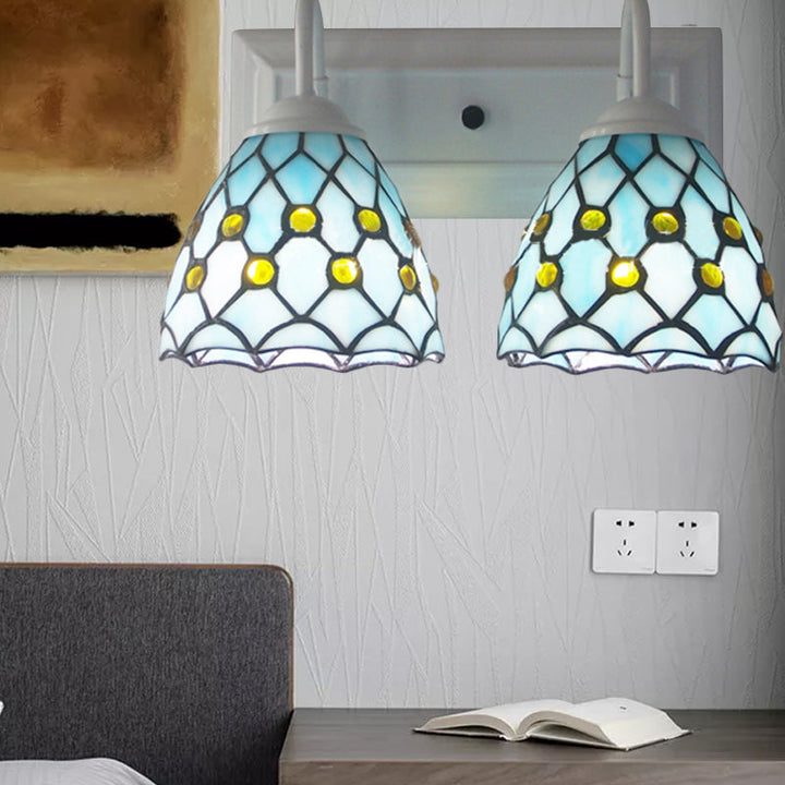 Lisslune | Global wall lamp with beads Tiffany style 2 lights stained glass wall lamp in sky blue/blue for bedroom
