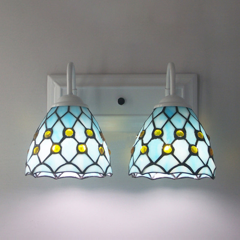 Lisslune | Global wall lamp with beads Tiffany style 2 lights stained glass wall lamp in sky blue/blue for bedroom
