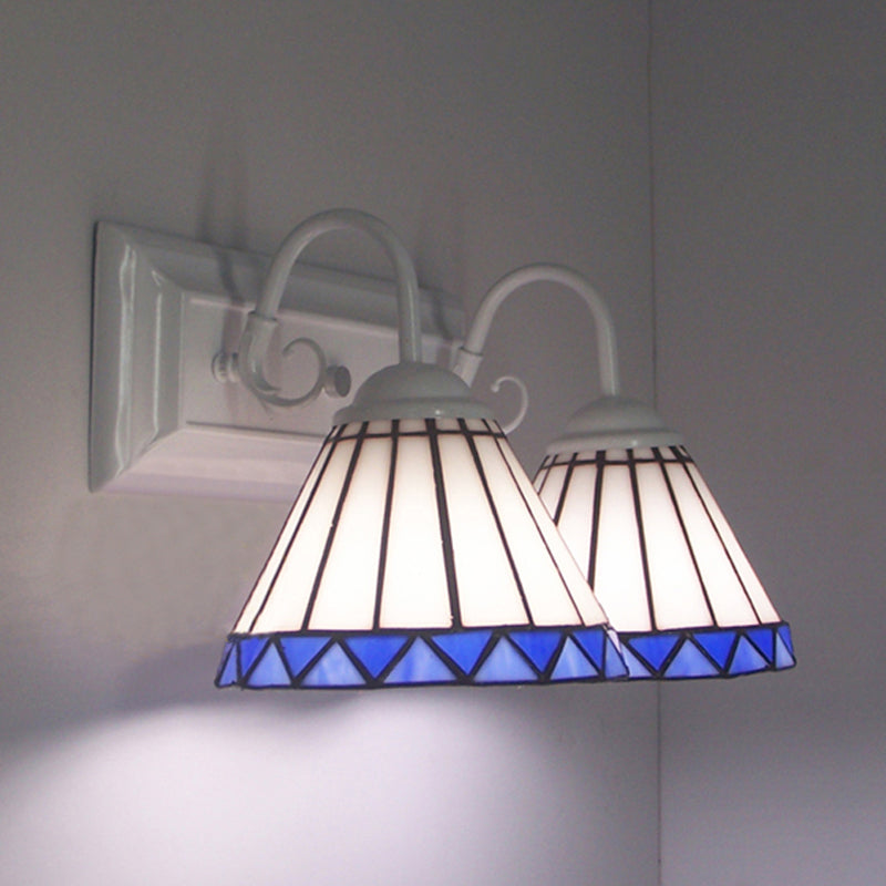 Lisslune | White Glass Cone Wall Lamp Tiffany Style 2 Bulbs Wall Mount Lighting for Bedroom Lighting