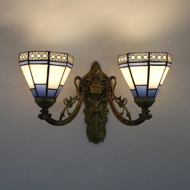 Lisslune | Stained Glass Wall Lamp Living Room 2 Lights Rustic Country Style Wall Lighting in Orange/Pink/Blue/Beige for Library