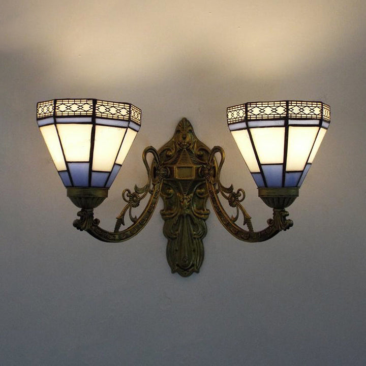 Lisslune | Stained Glass Wall Lamp Living Room 2 Lights Rustic Country Style Wall Lighting in Orange/Pink/Blue/Beige for Library