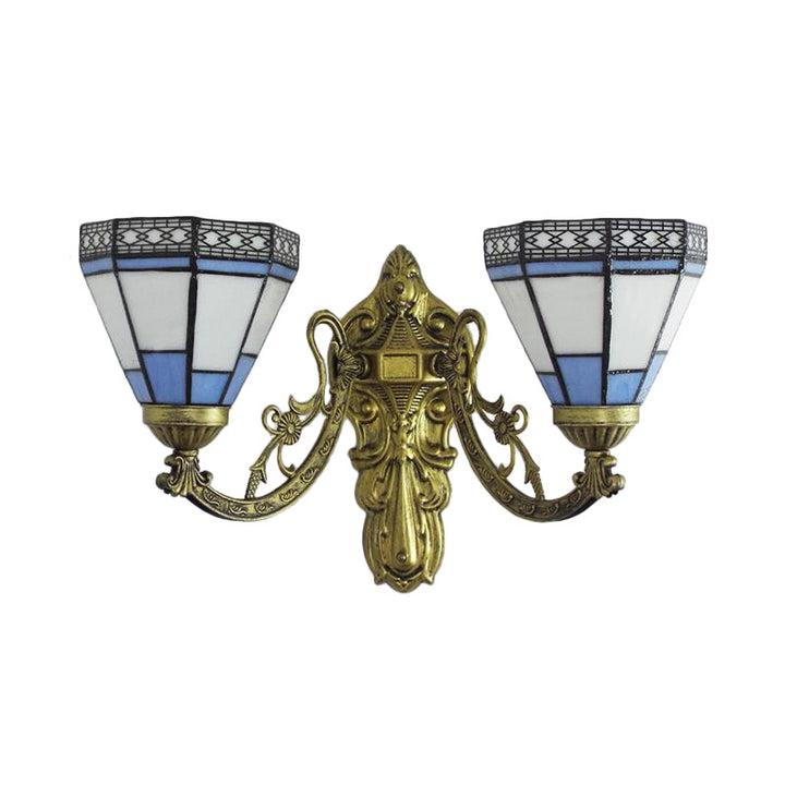 Lisslune | Stained Glass Wall Lamp Living Room 2 Lights Rustic Country Style Wall Lighting in Orange/Pink/Blue/Beige for Library