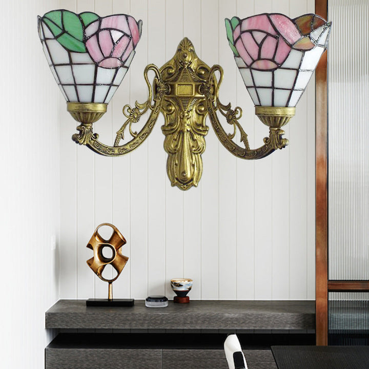 Lisslune | Stained Glass Wall Lamp Living Room 2 Lights Rustic Country Style Wall Lighting in Orange/Pink/Blue/Beige for Library