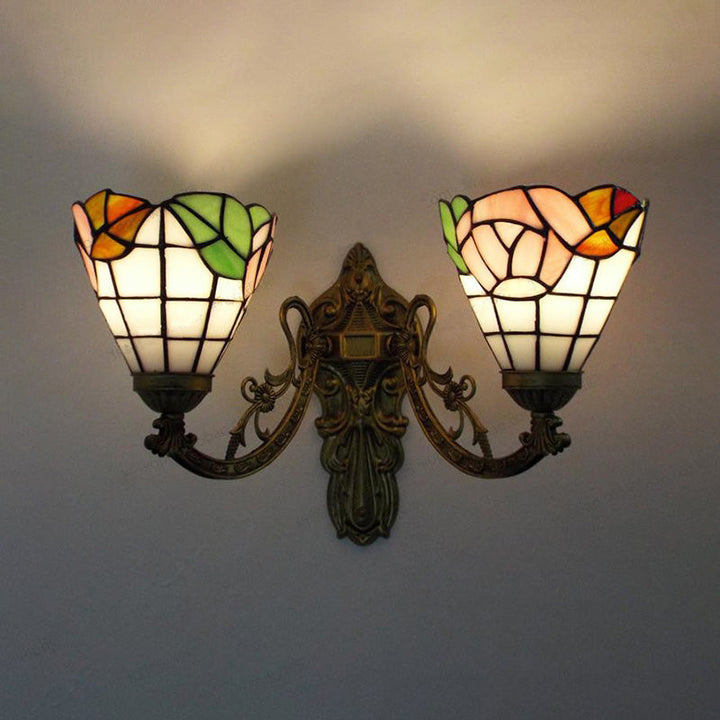 Lisslune | Stained Glass Wall Lamp Living Room 2 Lights Rustic Country Style Wall Lighting in Orange/Pink/Blue/Beige for Library
