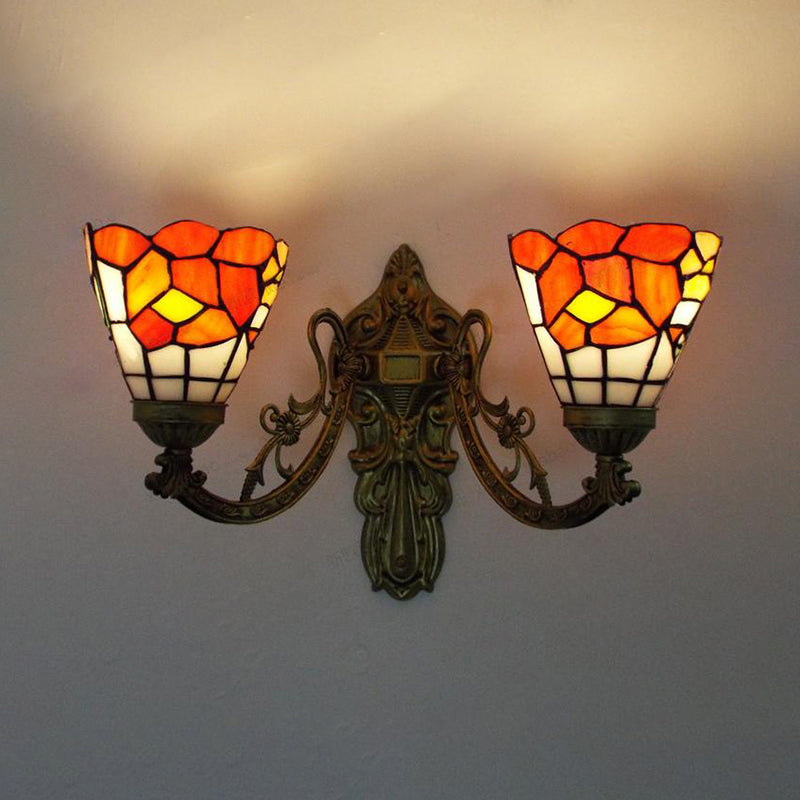 Lisslune | Stained Glass Wall Lamp Living Room 2 Lights Rustic Country Style Wall Lighting in Orange/Pink/Blue/Beige for Library