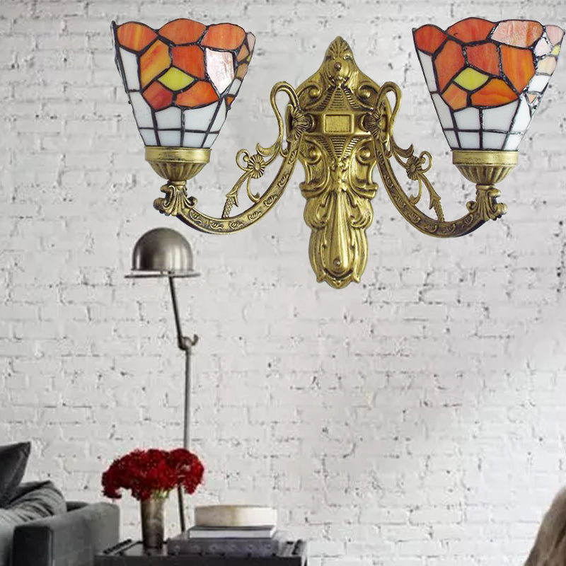 Lisslune | Stained Glass Wall Lamp Living Room 2 Lights Rustic Country Style Wall Lighting in Orange/Pink/Blue/Beige for Library