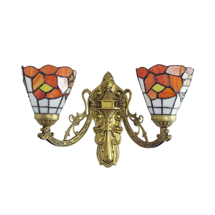 Lisslune | Stained Glass Wall Lamp Living Room 2 Lights Rustic Country Style Wall Lighting in Orange/Pink/Blue/Beige for Library