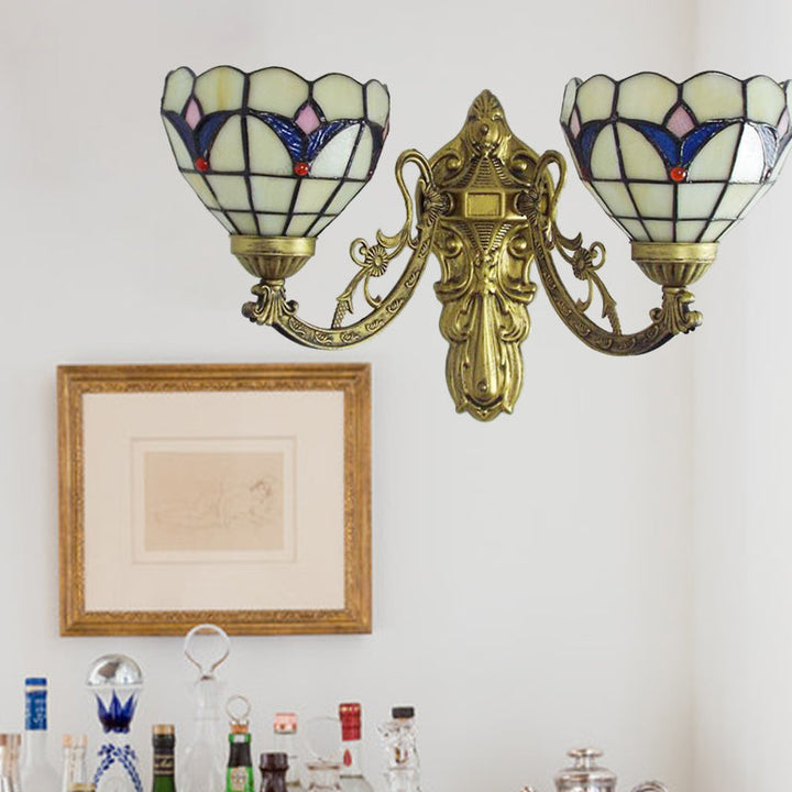 Lisslune | Baroque Wall Lamp Fixture with Engraved Arm Braided Glass 2 Heads Wall Light in Blue/Beige for Library