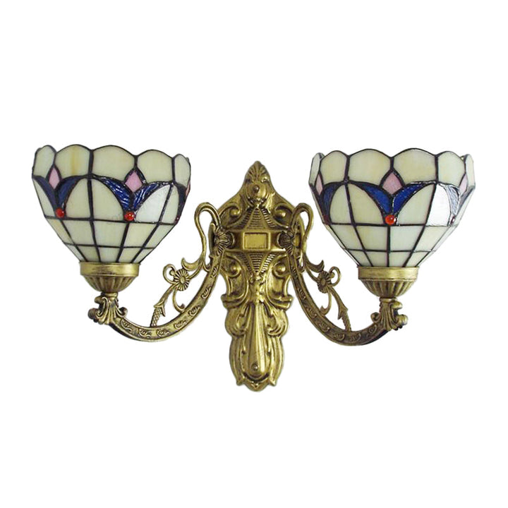 Lisslune | Baroque Wall Lamp Fixture with Engraved Arm Braided Glass 2 Heads Wall Light in Blue/Beige for Library