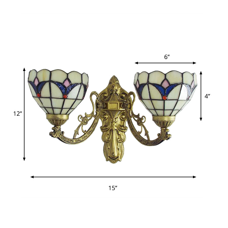 Lisslune | Baroque Wall Lamp Fixture with Engraved Arm Braided Glass 2 Heads Wall Light in Blue/Beige for Library