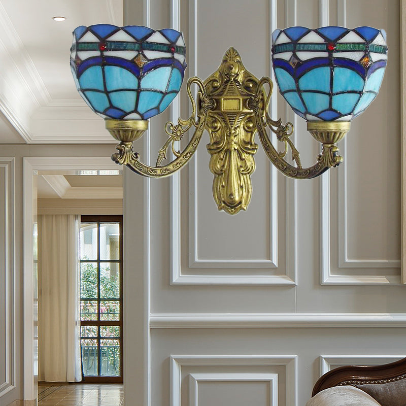 Lisslune | Baroque Wall Lamp Fixture with Engraved Arm Braided Glass 2 Heads Wall Light in Blue/Beige for Library